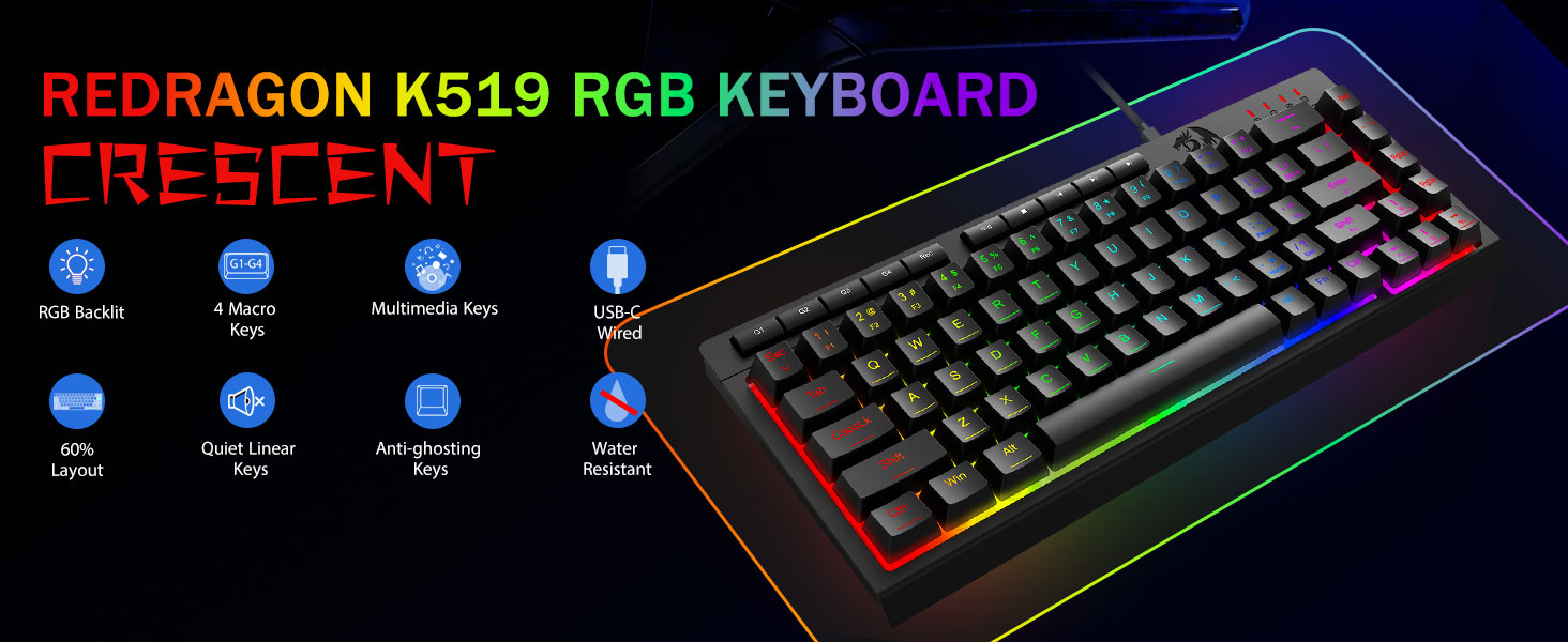 Black K519 Wired Gaming RGB Backlit Keyboard